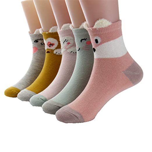 Little Girls Socks Cotton Animals Comfort Thick Socks 5 Pair Pack