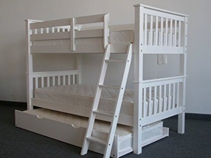 Bedz King Bunk Bed with Twin Trundle, Twin Over Twin Mission Style, White