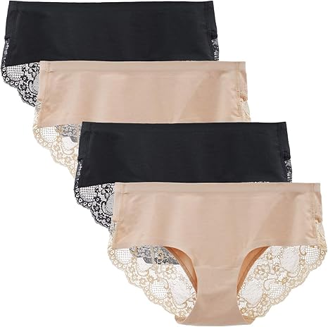 Women's 4 Pack Cotton Lace Coverage Seamless Brief Panty Underwear