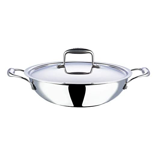 Vinod Cookware Food Grade 3.7 Litre Induction Friendly Platinum (TRI PLY) 18/8 Stainless Steel Kadai with Stainless Steel Lid (28cm, 3.7 Litre)