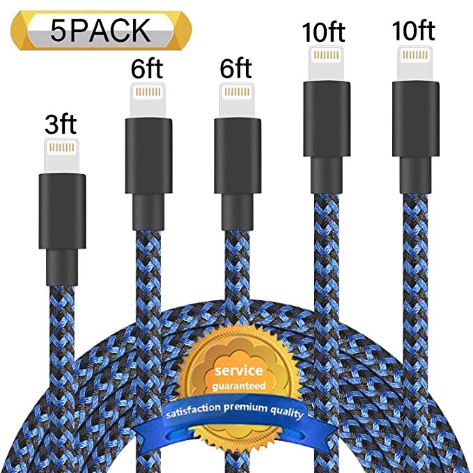 Aonsen MFi Certified Lightning Cable 5Pack 3FT 3FT 6FT 6FT 10FT Extra Long Nylon Braided USB Fast Charging& Syncing Cord Compatible iPhone Charger Xs MAX XR X 8 8 Plus 7 7 Plus 6s Plus 6 Plus Blue