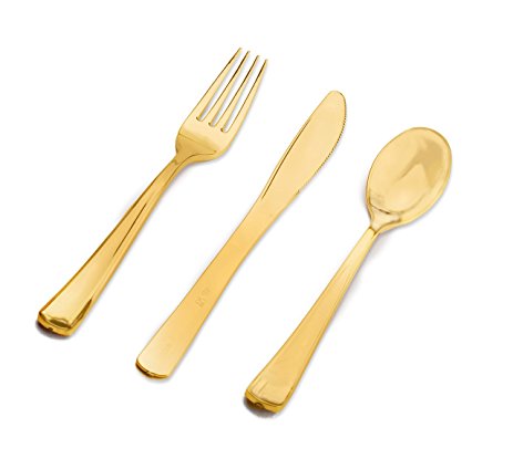 EVERPRIDE Gold Plastic Utensils Set (180-Count) Disposable Serving Cutlery w/ 60 Forks, 60 Knives, 60 Spoons | Elegant Wedding, Party and Event Use | Recyclable Gold Plastic Flatware