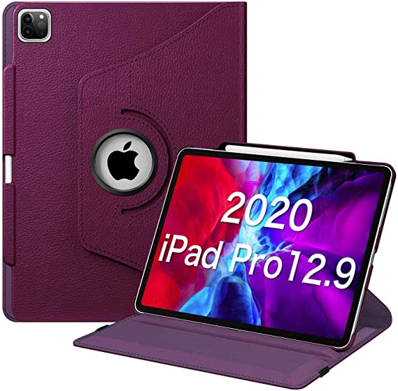 Fintie Rotating Case for iPad Pro 12.9 4th Generation 2020 & 3rd Gen 2018-360 Degree Rotating Smart Stand Cover w/Pencil Holder, Auto Sleep/Wake, Supports 2nd Gen Pencil Charging, Purple