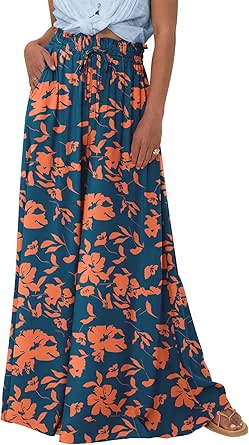 BTFBM Women Casual High Waist Wide Leg Pants Summer Floral Solid Long Palazzo Pants Lounge Beach Trousers with Pocket