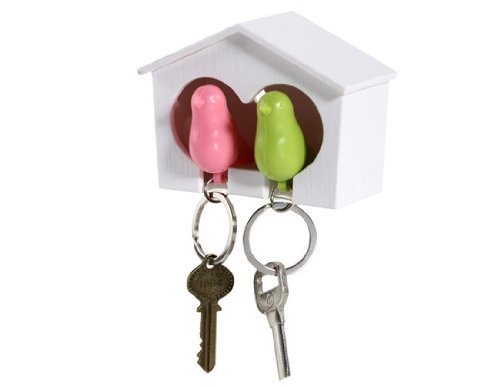 COSMOS White Birdhouse with 2 whistle Sparrow Key Ring Holder Pink and Green