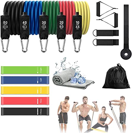 Resistance Bands Set (17pcs)-Exercise Bands with Door Anchor-Handles-Waterproof Carry Bag-Cooling Towel-Legs Ankle Straps for Resistance Training-Physical Therapy-Home Workouts