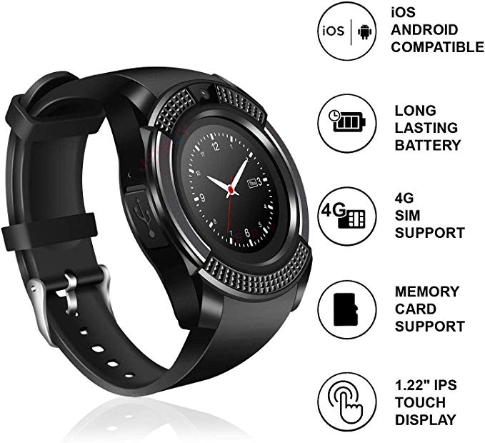 Jiyatech V8 Round Dial Touchscreen Bluetooth Smartwatch Compatible with Android, iOS and All 3G, 4G Mobile Phones Wrist Watch with Camera and Sim Card Support (Black)