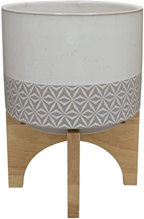 Amazon Brand – Rivet Mid-Century Stoneware Planter with Wood Stand, 10.43"H, Gray and Beige