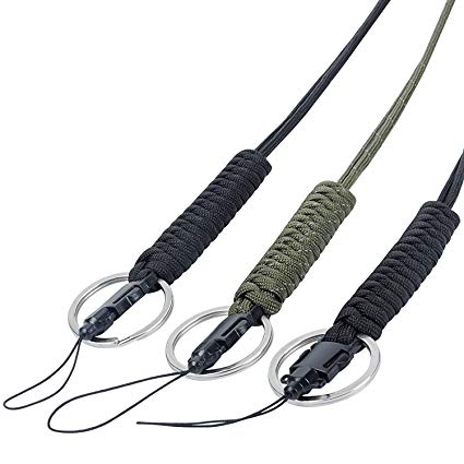 EOTW Military Grade Utility Necklace Paracord Lanyard Keychain Whistles Cord Wrist Strap Parachute Rope Badge Camera Cellphone Waterproof Case Holder with Metal Hook For Outdoor[3 Pack] Black Olive