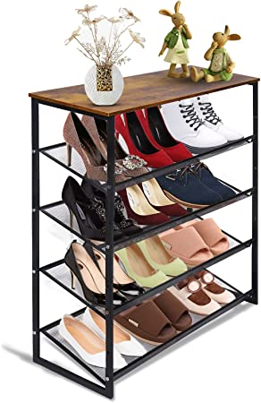 aboxoo 5-Tiers Shoes Rack High 16 Pairs Shoes Organizer 31.4IN Storage Organization Brown Wood Metal For Entryways, Hallways, Closets, Dormitory Rooms Living Room