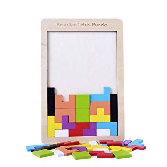 Brain Tetris Block, Early Education 40-PCS Colorful Wooden Tangram Jigsaw Puzzles Intelligence Puzzle for Preschool Children Kids (B)