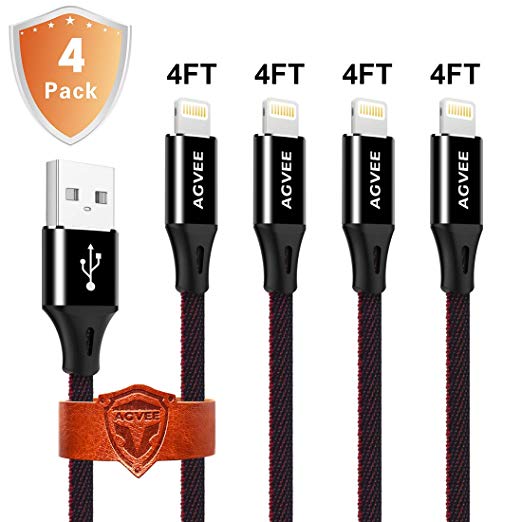 End Tip Bear 20kg Force, 4A Heavy Duty, Agvee Delicate Gloss Black Metal [4 Pack 4ft], Braided Durable Fast Charging Cable Charger Cord for iPhone X 8 7 6s 6 Plus 5 Case Friendly Black