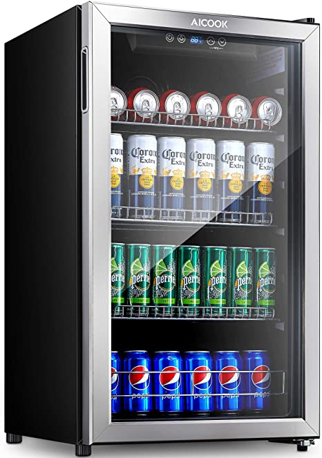 Aicook Beverage Refrigerator and Cooler - 120 Can Mini Fridge with Glass Door for Soda Beer or Wine - Small Drink Dispenser Machine with Removable Shelves For Home Office or Bar, LED, Stainless Steel