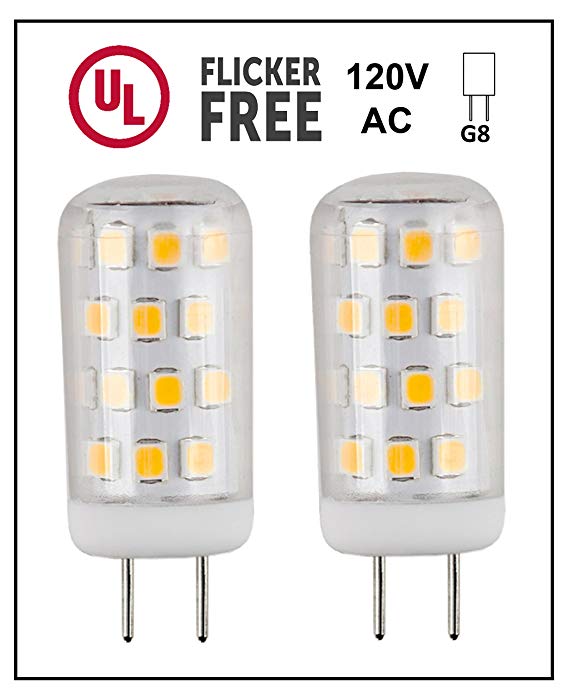 CBConcept UL-Listed, G8 LED Light Bulb (Standard 37mm Length), 2-Pack, 3 Watt, 310 Lumen, Not Dimmable, Warm White 3000K, 360° Beam Angle, 35W Equivalent, JCD Halogen Replacement Bulb