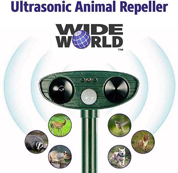 Ultrasonic Pest Repeller by Wide World - Solar Powered Waterproof Outdoor Wild Animal Repellent - Motion Sensor and Powerful Sound for Deer Cat Dog Squirrel Rat Fox Wolf Raccoon - Sound Control