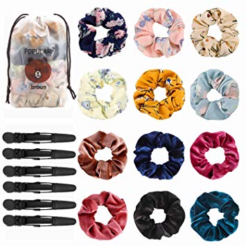 Hair Scrunchies 12Pcs with Hair Clips 6Pcs for Women Including Velvet Elastic Hair Bands and Chiffon Flowers Elastic Hair Ties by Eggsnow Soft Scrunchy Hair Ropes for Women Girls