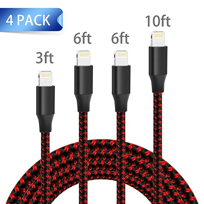 littlejian Phone Charger Cable,4 Pack (3FT 6FT 6FT 10FT) Extra Long Nylon Braided USB Charging & Syncing Cord Compatible Phone Xs Max/Xs/XR/X/8/8 Plus/7/7 Plus/6s/6s Plus/6/6 Plus/5/5S/SE/Pad