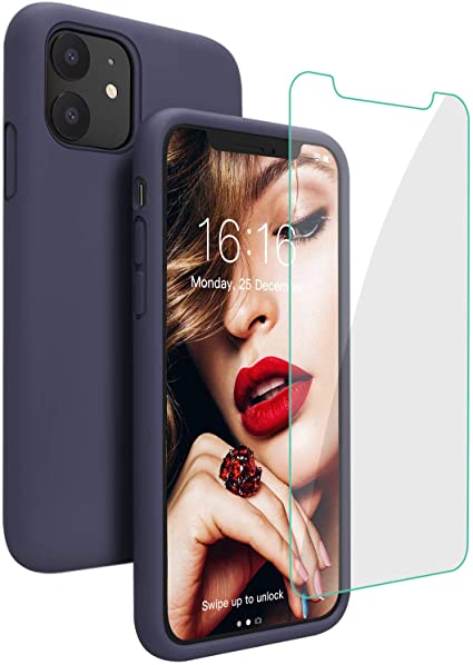 Case for iPhone 11,JASBON Liquid Silicone Phone Case with Free Screen Protector Gel Rubber Shockproof Full Protective 6.1 inch Cover for iPhone 11/iPhone XI 2019-Dark Blue