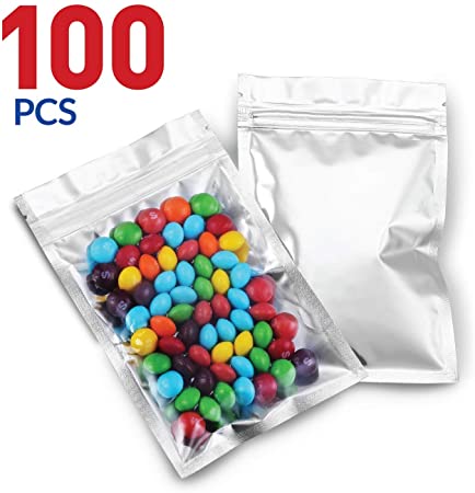 Mylar Bags with Ziplock 4" x 6" | 100 Bags | Sealable Heat Seal Bags for Candy and Food Packaging, Medications and Vitamins | Plastic and Aluminum Foil Packets for Liquid and Solids