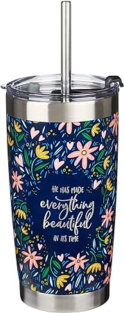 Christian Art Gifts Stainless Steel Double-Wall Vacuum Insulated Tumbler w/Straw & Lid for Women: Everything Beautiful - Ecc. 3:11 Inspirational Bible Verse Travel Mug, Navy Multi Floral, 18 oz.