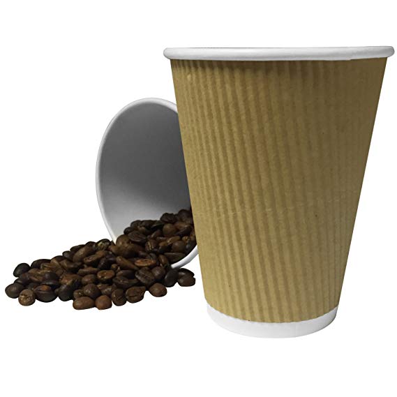 50 x Kraft 12 Ounce Ripple 3 Ply Disposable Insulated Paper Cups For Tea Coffee Cappuccino Hot Drinks