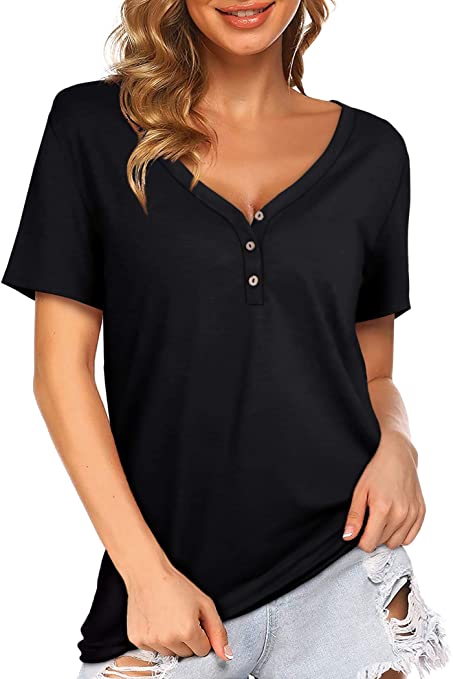 SMALOVY V Neck T Shirts for Womens Button Loose Tops Summer