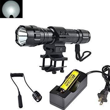 BESTSUN Super Bright Tactical Flashlight WF-501B Cree Xm-L2 LED 1200 Lumens 1 Mode Hunting Light Lamp Torch Set with Pressure Tail Switch, Barrel Mount for AR, 18650 Rechargeable Battery and Charger