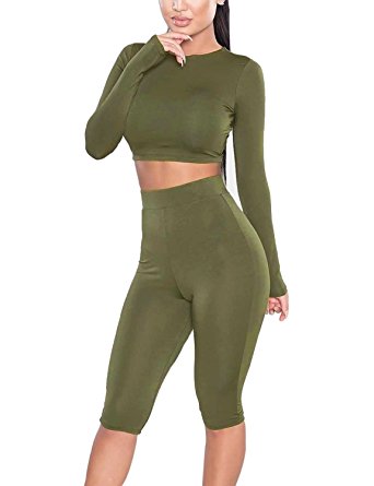 Amilia Womens Sexy Long Sleeve Crop Tops High Waist Leggings 2 Piece Bodycon Set Casual Outfit Tracksuit
