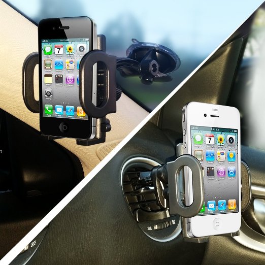 2-in-1 Mobile Phone Car Mount Holder Cradle UPGRADED COMPONENTS Secure Cell PhoneGPS to Vehicles Windshield or Air Vent Padded Adjustable Grips Fits Iphone 6 6 5 Galaxy S6 S5 Smartphones