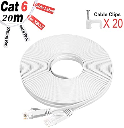 GLCON CAT6 Ethernet Cable 20m Long High Speed 250Mhz Flat Lan Cable 1Gbps for Switch/Router/Modem White