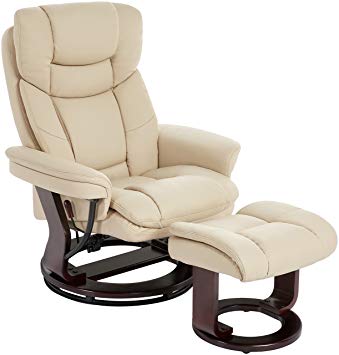 JC Home Argus Ultra-Plush Bonded Leather Swiveling Recliner with Mahogany Wood Base and Matching Ottoman - Vanilla