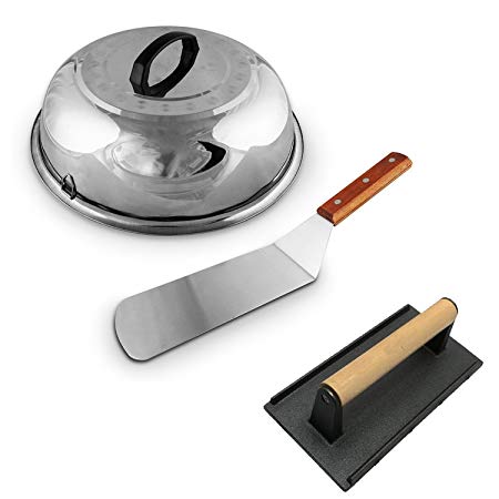 Large Cheese Melting Dome, Winco Flat Grill Melt Basting Cover Domes, Grill Lid Steam Cover, Heavy-Weight Cast Iron Grill Press/Hamburger Bacon Steak Grill Press   FREE Hamburger Turner Spatula