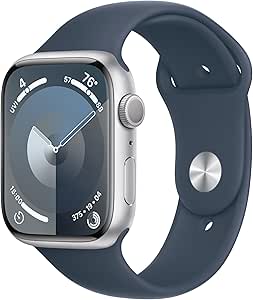 Apple Watch Series 9 [GPS 45mm] Smartwatch with Silver Aluminum Case with Storm Blue Sport Band S/M. Fitness Tracker, Blood Oxygen & ECG Apps, Always-On Retina Display (Renewed)