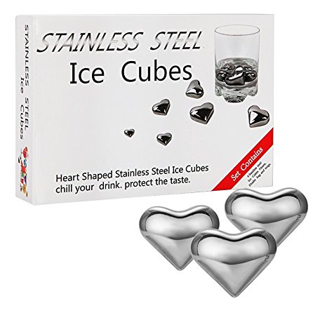 Kollea Heart-shaped Stainless Steel Chilling Reusable Ice Cubes W Tongs for Whiskey Wine, Pack of 6