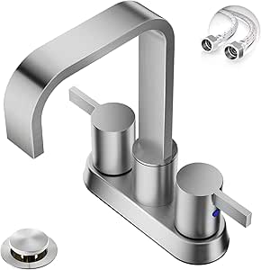 Phiestina Waterfall Bathroom Sink Faucet, Brushed Nickel 4 Inch 2 or 3 Hole Centerset RV Bathroom Faucet, with Swivel 360 Degree Spout, Metal Pop-Up Drain and Water Supply Lines, BF040B-1-BN