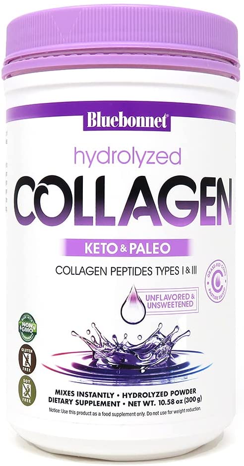 Bluebonnet Nutrition Hydrolyzed Collagen Powder, Supports Hair, Skin, and Nails*, Soy-Free, Gluten-Free, Non-GMO, Grass-fed Cows, Pasture Raised, 10.58 oz, 25 Servings, Unflavored, Unsweetened