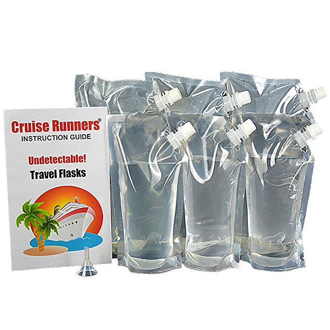 Cruise Runners - Clear Plastic Flask Kit Enjoy Rum Runners Sneak Alcohol Smuggle Liquor Booze 3 32oz.- 3 16oz.