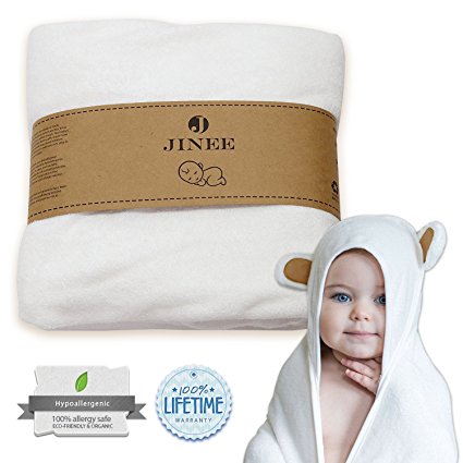 Jinee Organic Hooded Baby Towel - Ultra Soft Natural Bamboo Towels with Hood for Boy, Girl, Infant, Newborn or Toddlers - Keeps Your Little One Dry & Warm - Hypoallergenic, Antibacterial, 35” x 35”