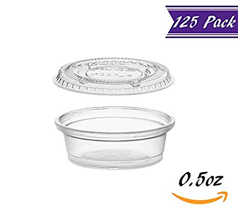 (125 Pack) 0.5-Ounce Plastic Portion Cups with Lids, Small Condiment Cups/Sauce Cups, Translucent Plastic Souffle Cups/Portion Containers by Tezzorio