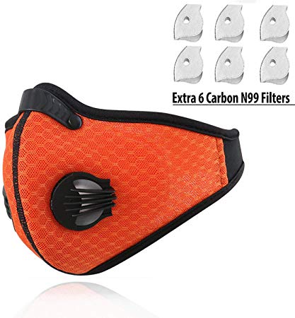 Dust Mask Reusable Activated Carbon Dustproof sport Mask with 6 Carbon N99 Filters for Pollen Woodworking Construction Mowing Running Riding Outdoor Activities (Orange)