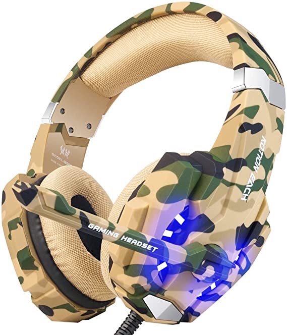BENGOO Stereo Gaming Headset for PS4, PC, Xbox One Controller, Noise Cancelling Over Ear Headphones Mic, LED Light, Bass Surround, Soft Memory Earmuffs for Laptop Mac Nintendo Switch –Camouflage