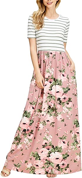 MEROKEETY Women's Striped Short Sleeve Floral Print Summer High Waist Pockets Maxi Dress