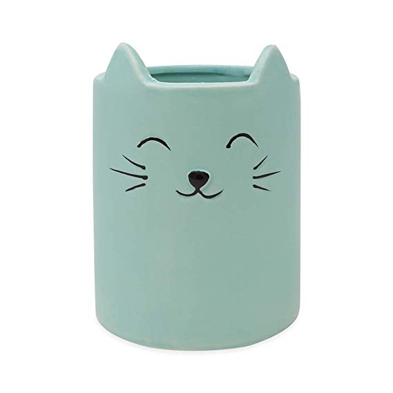 Isaac Jacobs Blue Ceramic Cat Makeup Brush Holder, Multi-Purpose Cup Organizer. Bathroom, Kitchen, Bedroom, Office Décor (Single Cup, Pastel Blue)
