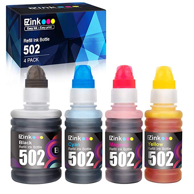 E-Z Ink (TM) Compatible Ink Bottle Replacement for Epson 502 T502 High Yield to use with ET-2760,ET-3710,ET-2750,ET-3700,ET-4760,ET-3750,ET-3760,ET-2700 Printer(Black, Cyan, Magenta, Yellow, 4 Pack
