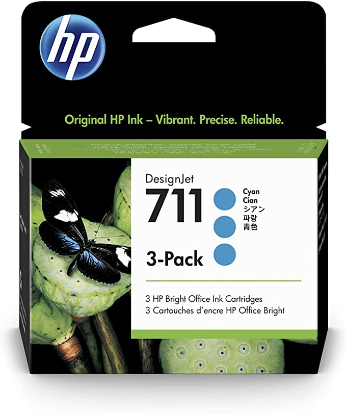 HP 711 Cyan 29-ml 3-Pack Genuine Ink Cartridges (CZ134A) for DesignJet T530, T525, T520, T130, T125, T120 & T100 Large Format Plotter Printers