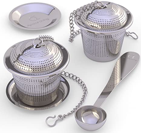 Apace Loose Leaf Tea Infuser (Set of 2) with Tea Scoop and Drip Tray - Ultra Fine Stainless Steel Strainer & Steeper for a Superior Brewing Experience … (Silver, Medium)