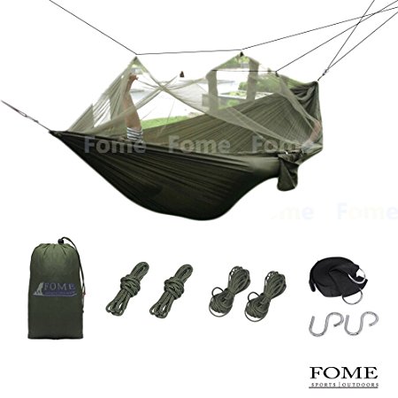 FOME SPORTS|OUTDOORS Ultralight Portable Parachute Fabric Hammock Hanging Bed With Unremoveable Mosquito Net 94 x 47 inch 260lbs Capacity   Free Hammock Tree Hanging Adjustable Straps One Year Warranty