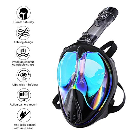 ENKEEO Full Face Snorkel Mask UV 400 Protection - 180° Panoramic View Watertight and Anti-Fog - with GoPro Mount, Dry Top Technology and Detachable Breathing Tube