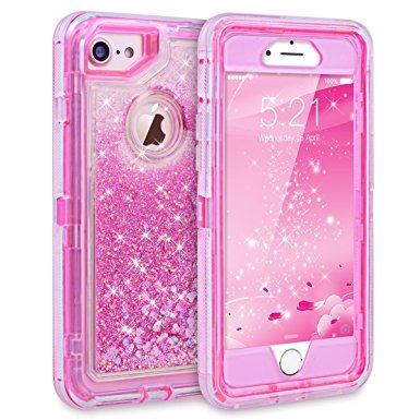 iPhone 7 Case, iPhone 6S Case, Dexnor Glitter 3D Bling Sparkle Flowing Liquid Case Transparent 3 in 1 Shockproof TPU Silicone Core   PC Frame Case Cover for iPhone 7/6s/6 - Pink