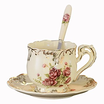 YOLIFE European Red Rose Pattern Ivory Ceramic Tea Cup and Saucer with Spoon,Vintage Single Cup with Saucer